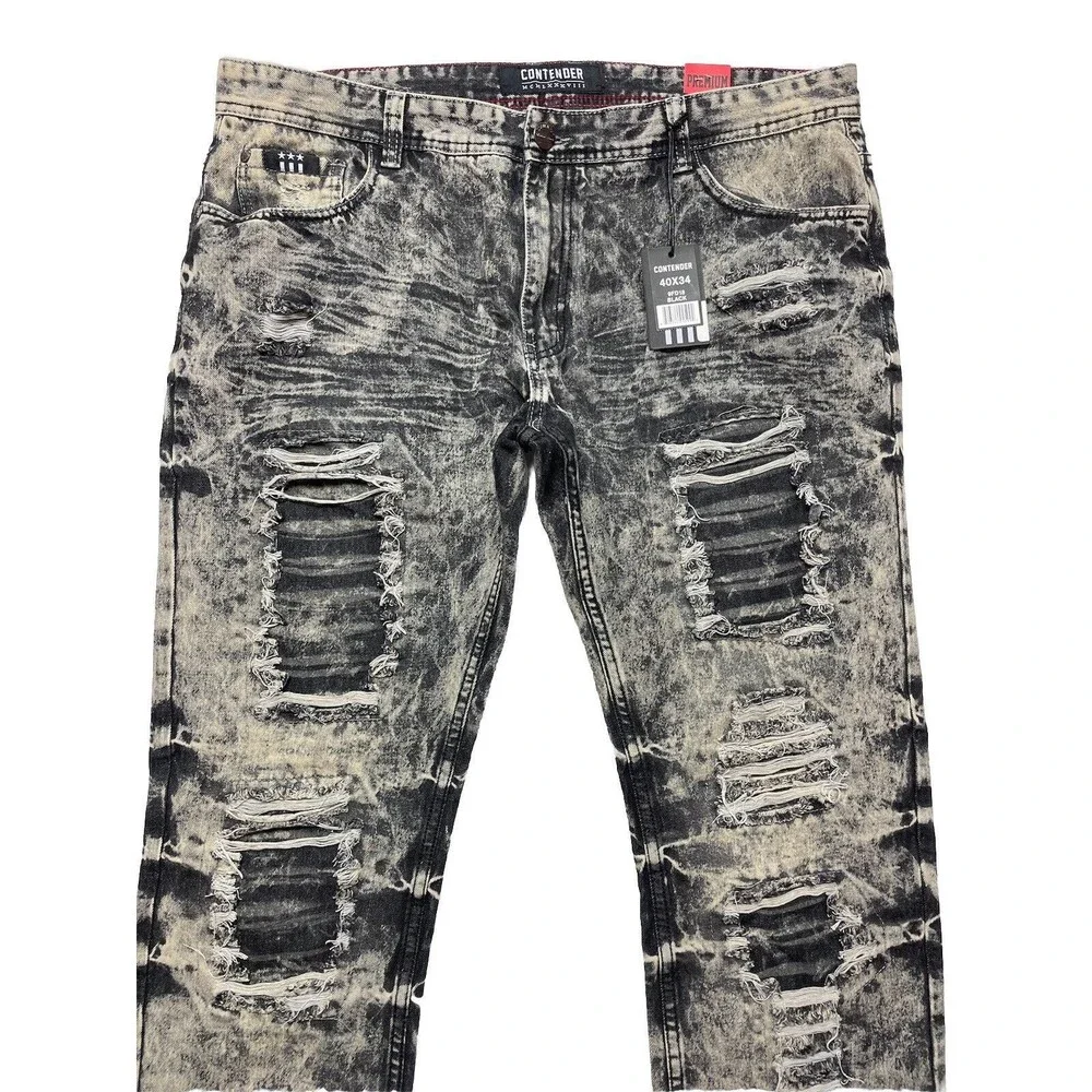 Contender Premium Men's Slim Straight Leg Patched Distressed Jeans Size 40x34